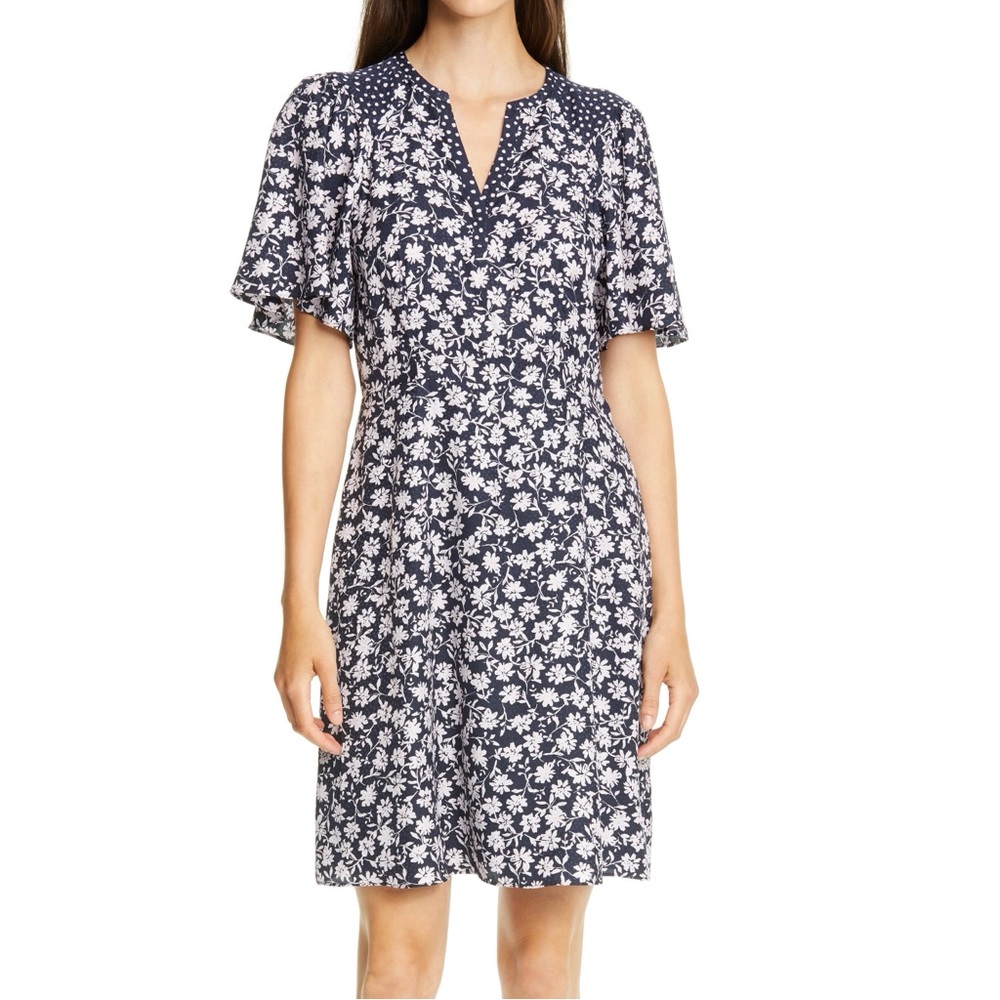 Rebecca Taylor Floral Print A-Line Dress in Navy Combo